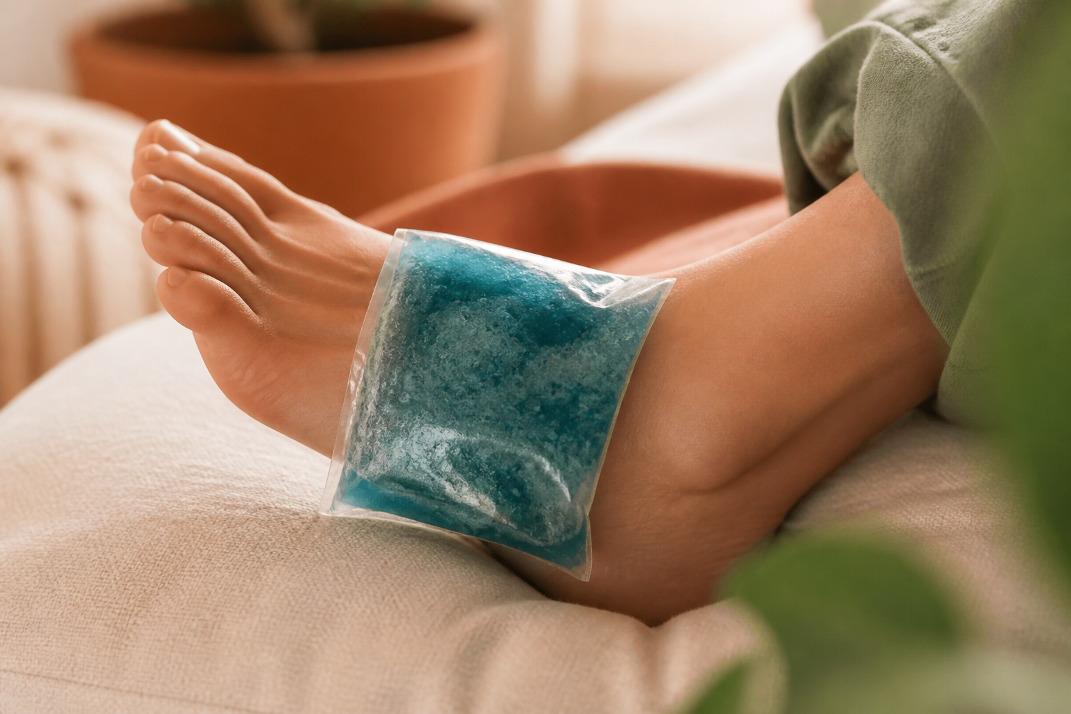 Poche de glace appliquée sur une douleur sous le pied côté extérieur au repos