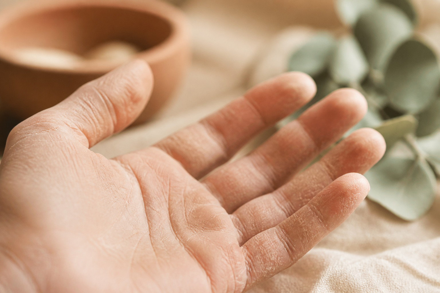 Paume de la main gauche à la peau sèche, examen d'une démangeaison