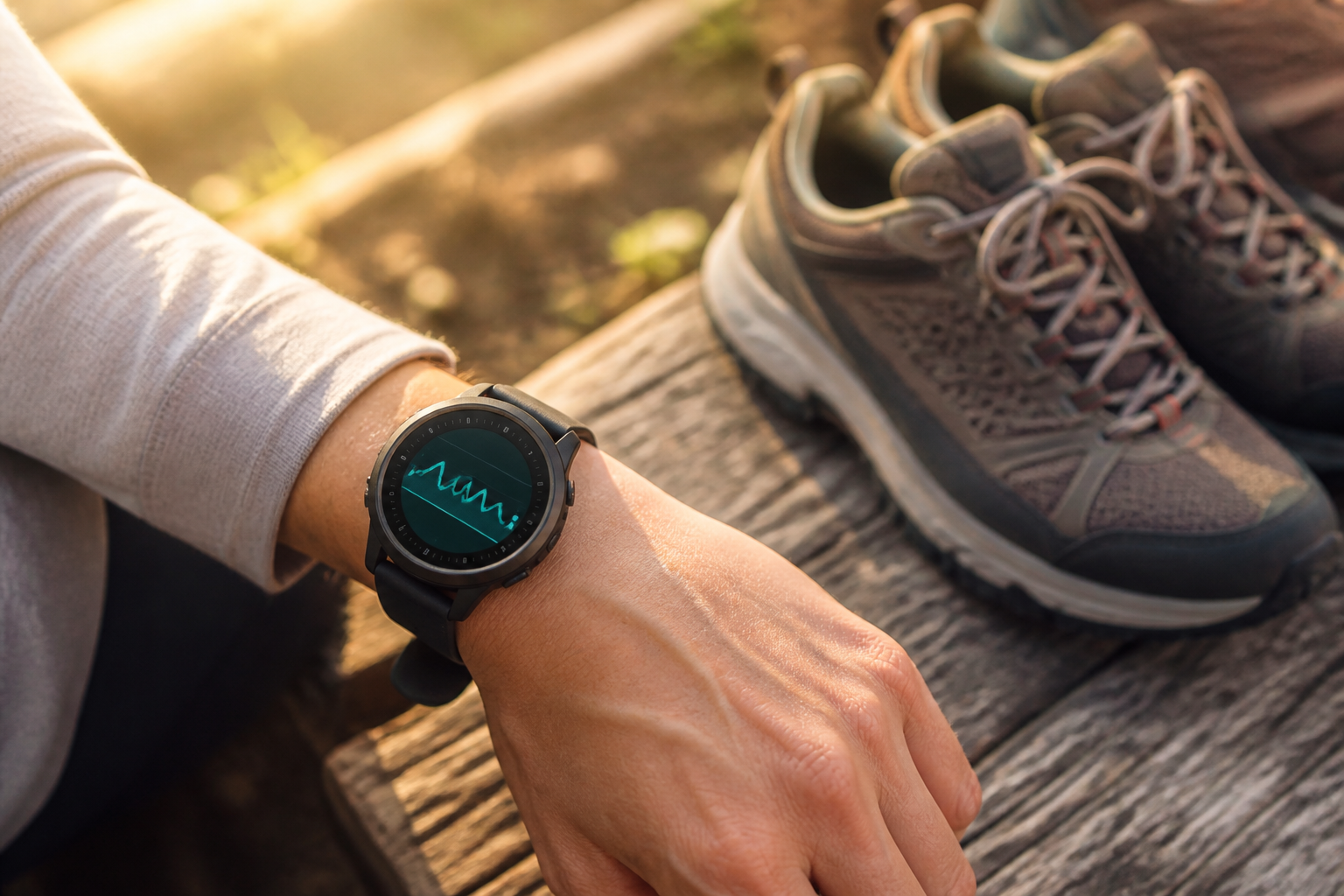 Montre connectée affichant l'allure de marche à côté de chaussures de marche