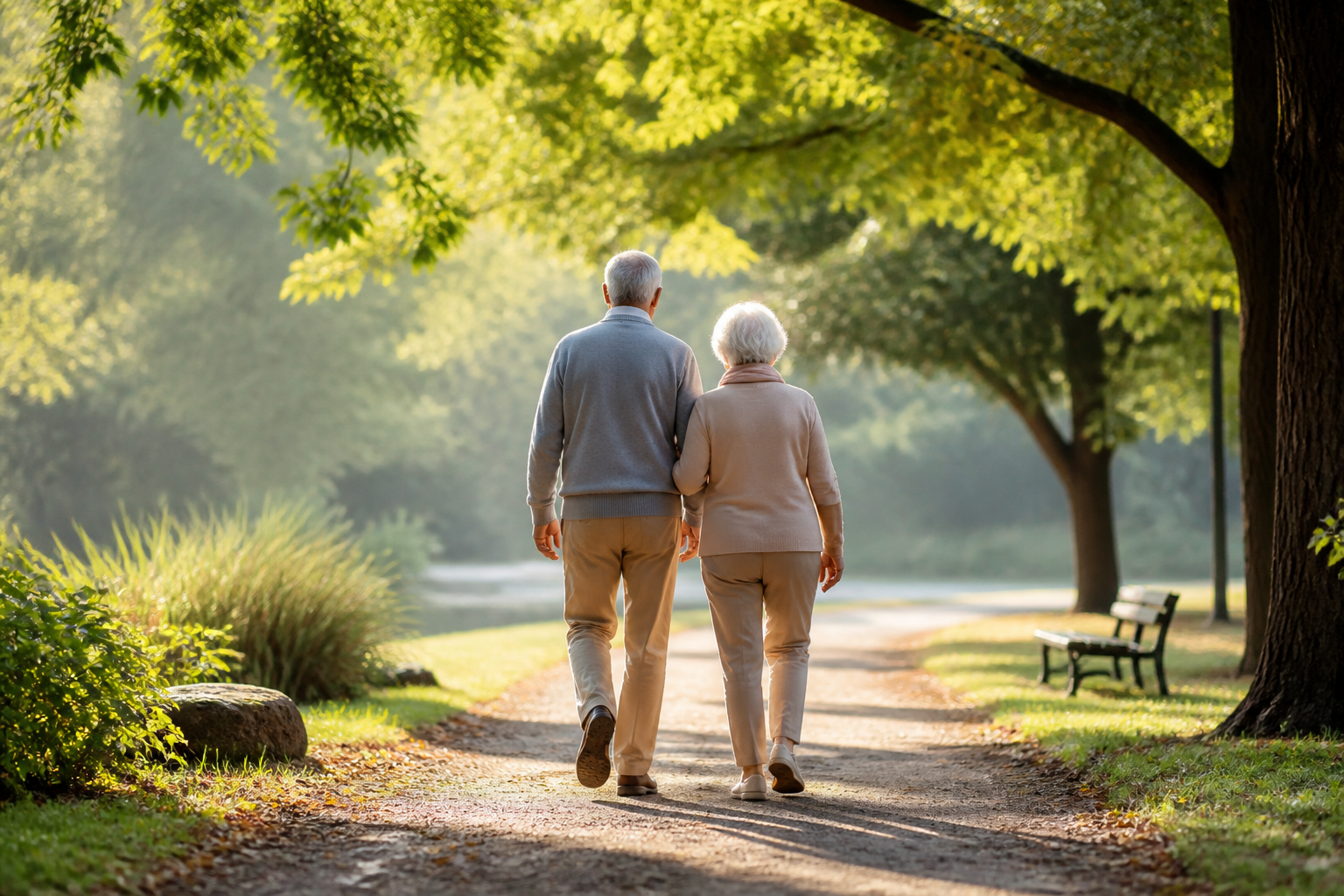 Couple de seniors marchant à allure tranquille dans un parc