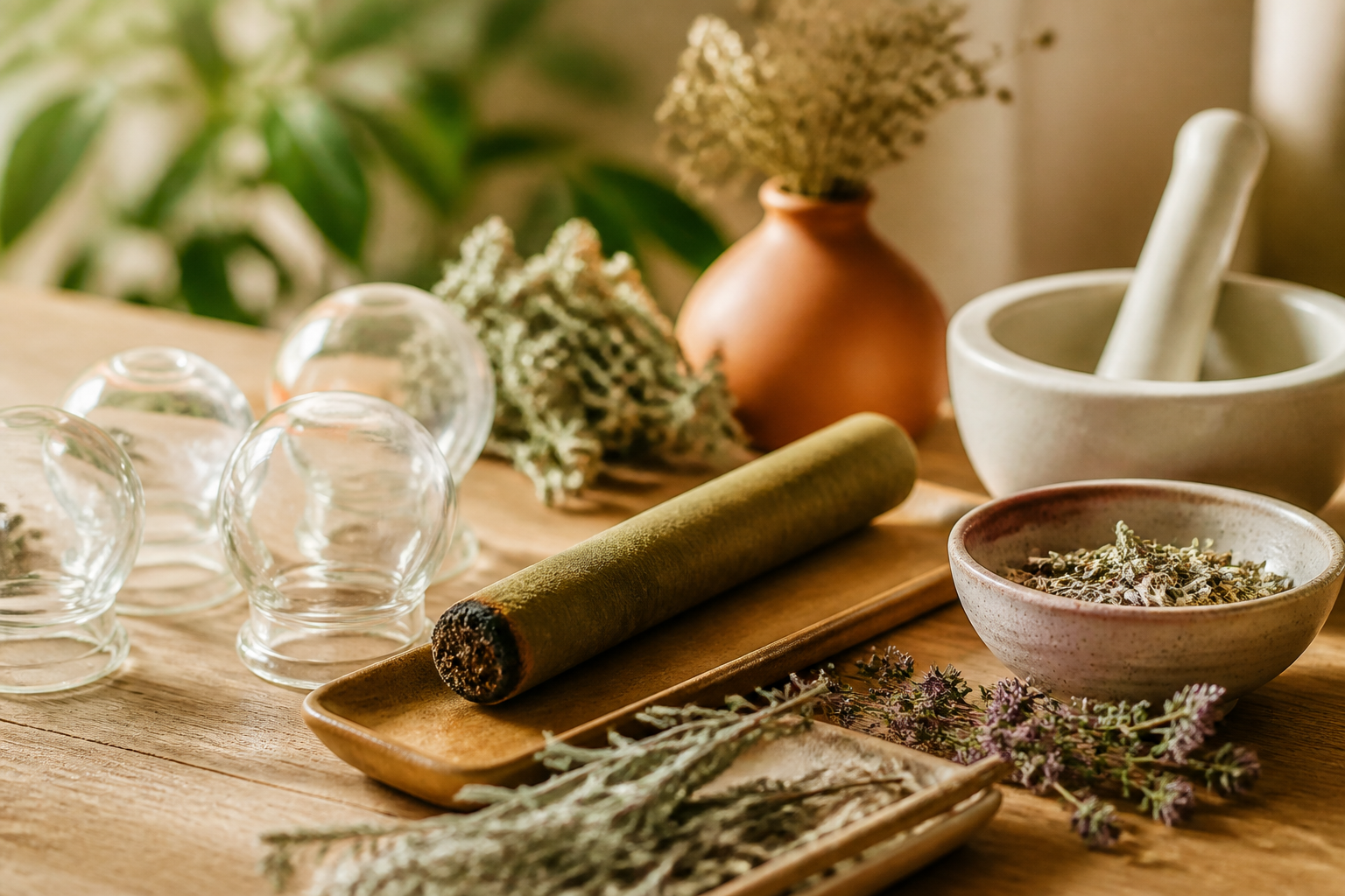 Ventouses en verre, moxa et herbes séchées sur une table en bois, l'univers de Médecine Maison