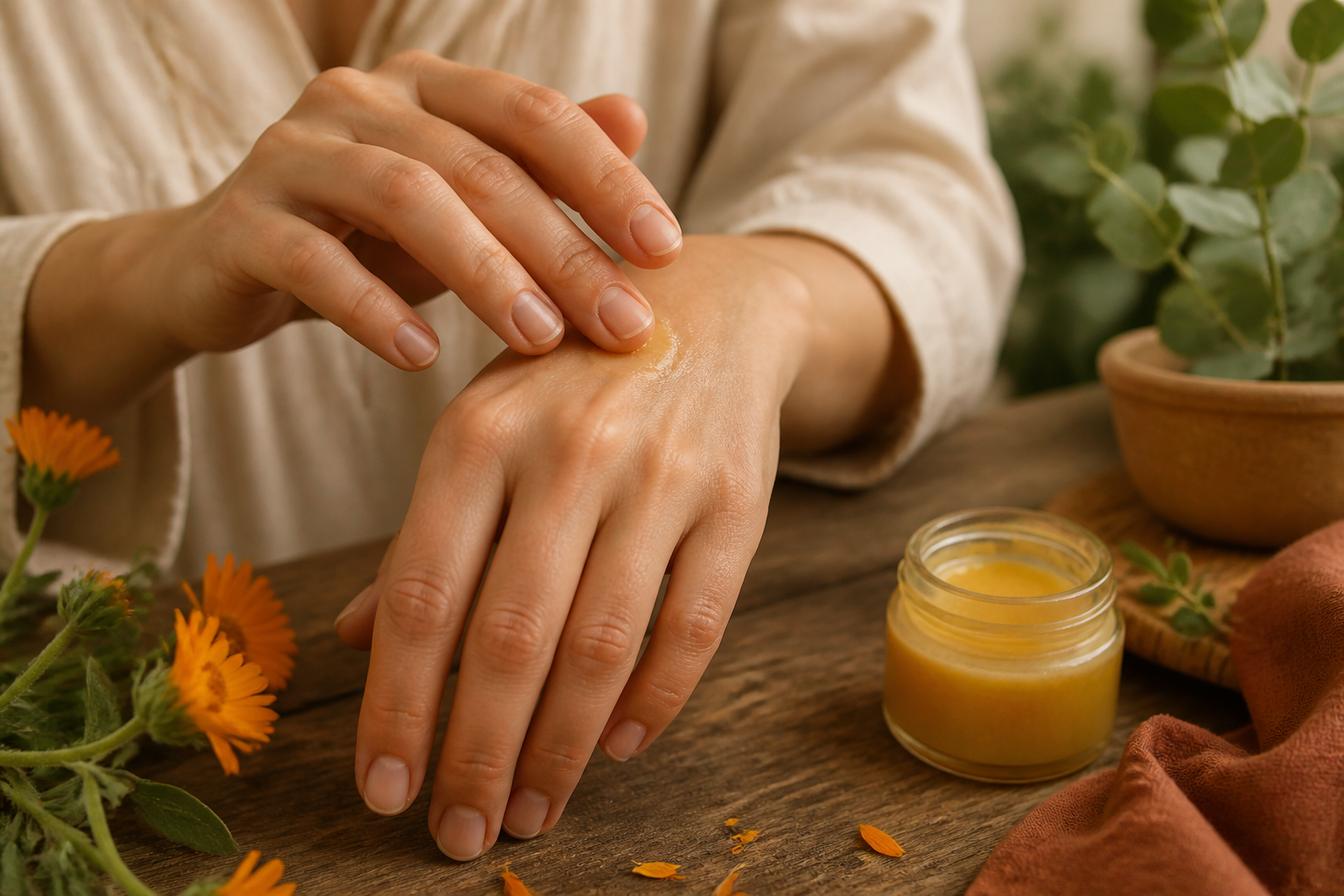 Application d'un baume hydratant naturel pour apaiser une main qui démange