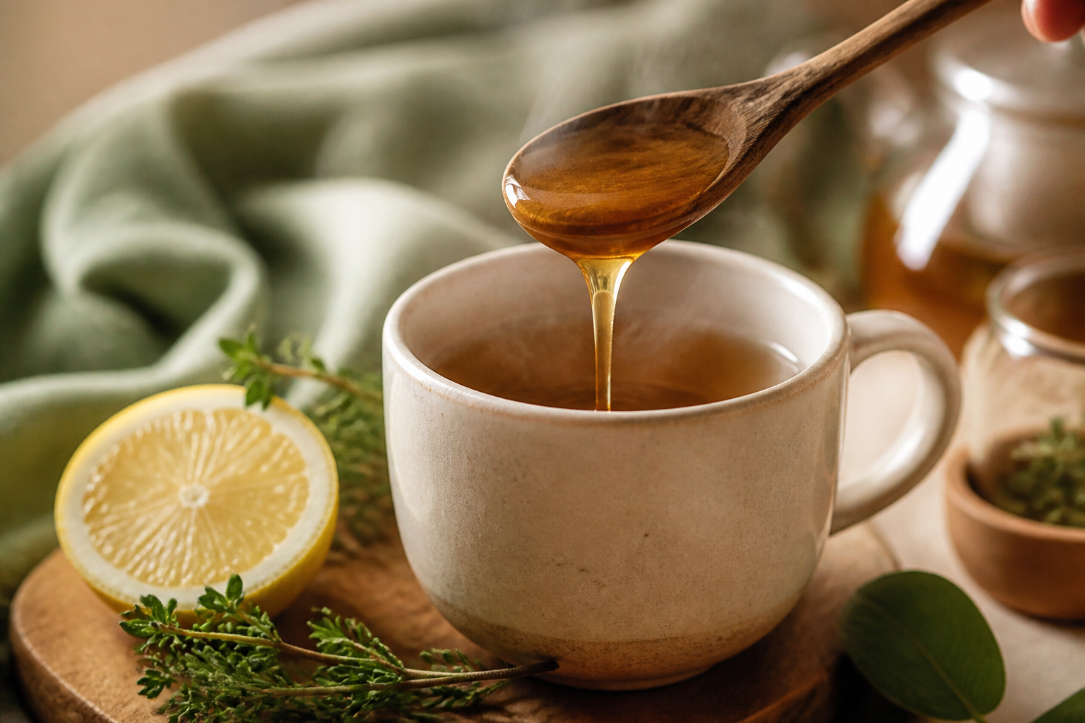 Cuillère de miel au-dessus d'une tisane chaude au citron et au thym