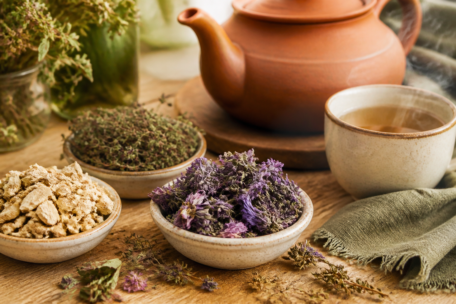 Plantes séchées pour tisane contre la toux, thym mauve et guimauve